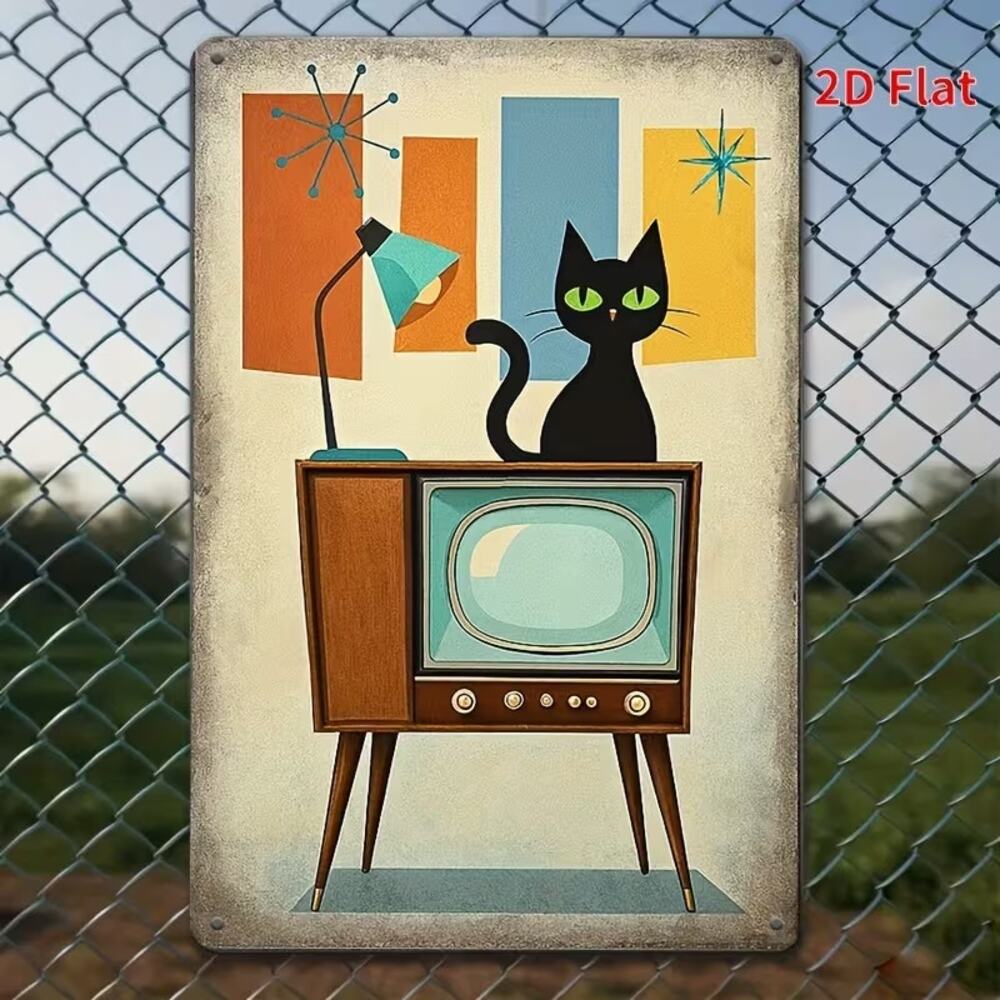 Cool Cat Wall Sign Flat, Metal Plate Midcentury Atomic Cat Lounge Black Decor